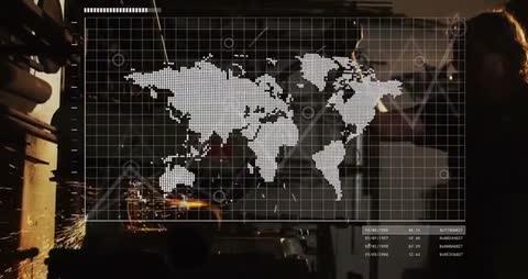 Worker Operating Grinder with Data Overlay and Sparks Igniting