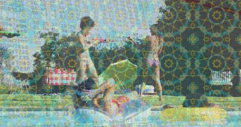 Backyard pool party friends lounging in swimwear under green umbrella kaleidoscopic overlay