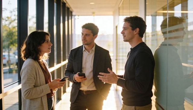 Colleagues discussing strategy in sunlit glass corridor holding smartphones