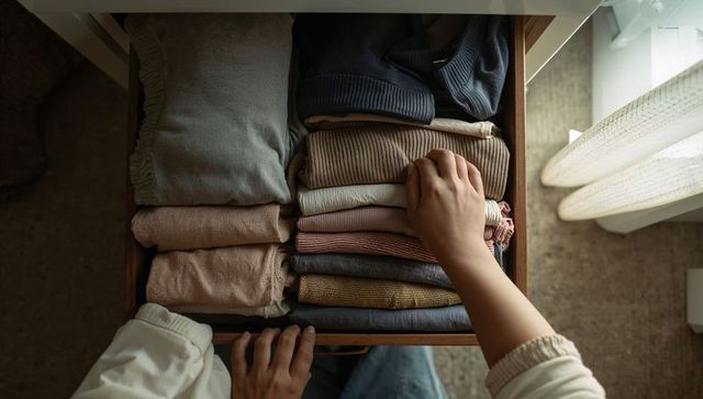 Hands arranging folded neutral sweaters in wooden drawer by sunlit window | minimalist organization