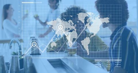 Colleagues chatting at break counter with global data overlay visualizing collaboration