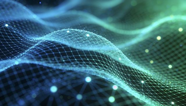 Flowing neural mesh visualizing data waves and network nodes in cyan-green gradient