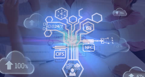 Digital Network Icons Overlaid on Team Collaboration