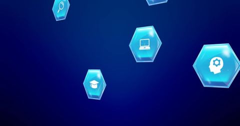 Digital learning hexagonal icons on blue gradient