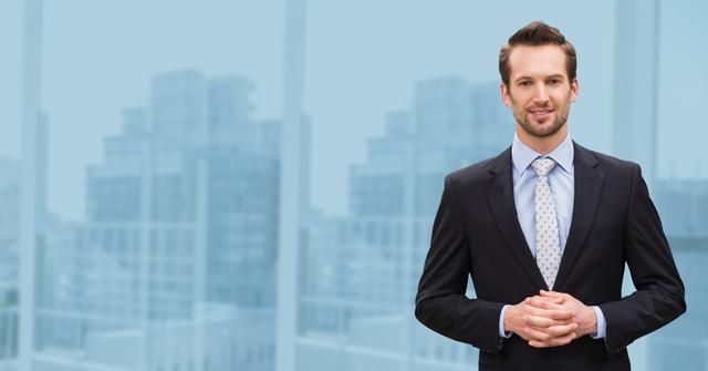 This image of a confident businessman standing with hands clasped against a cityscape can be used for corporate websites, business presentations, and marketing materials. It conveys professionalism, leadership, and success, making it ideal for promoting business services, executive profiles, and corporate events.