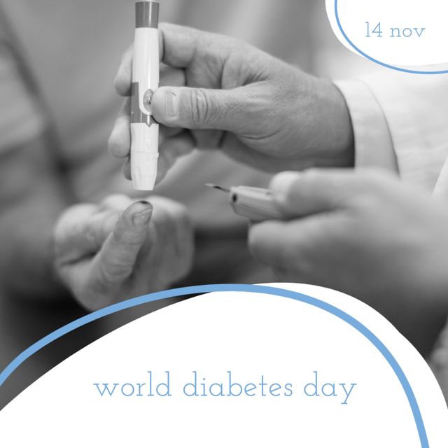 A close-up view of hands using a glucometer to check blood sugar levels, commemorates World Diabetes Day on 14 November. Perfect for use in health and wellness campaigns, diabetes awareness programs, educational materials, and preventive care instructions. This image highlights medical technology and health monitoring, stressing importance of blood sugar management.