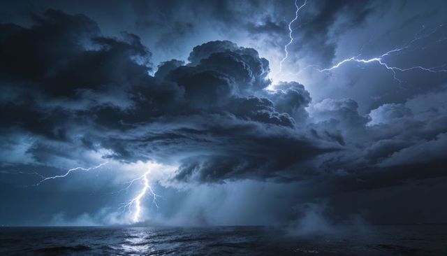 Night ocean thunderstorm with towering cumulonimbus and branching lightning striking sea