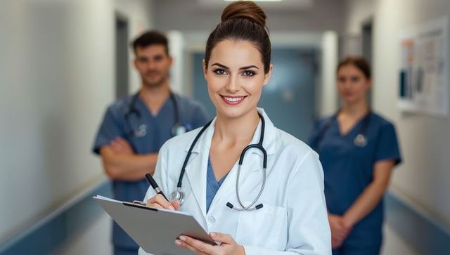 Confident Female Doctor with Medical Team in Hospital Corridor