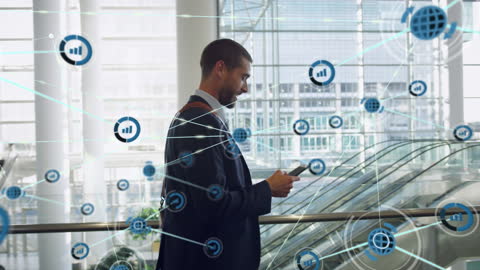 Business Professional Engages with Global Network Overlay