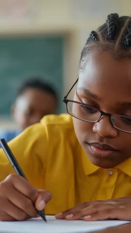 Focused pupil writing at desk vertical classroom video close-up student concentrating on homework