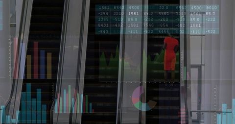 Woman ascending escalator wearing red dress with digital data visualization overlay