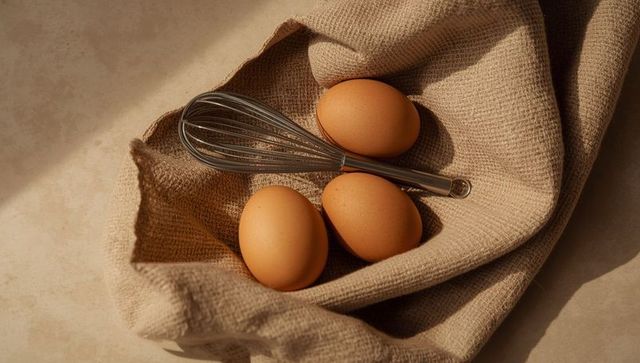 Rustic Brown Eggs and Whisk on Burlap in Soft Natural Light