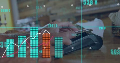 Senior man tapping card terminal with financial data overlay for retail payment analytics
