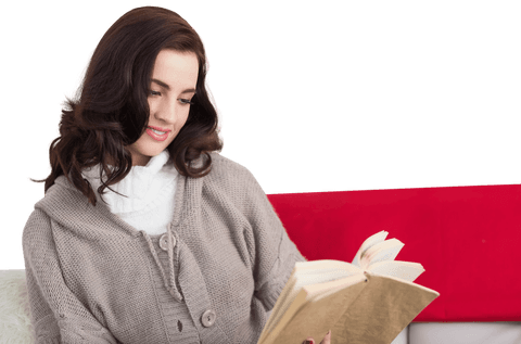 Caucasian Woman Relaxing with Book on Sofa Transparent Background