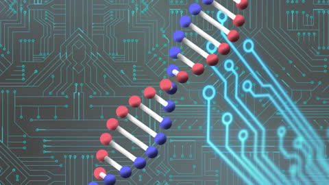 DNA Strand on Circuit Board Background Symbolizes Biotech Advancements