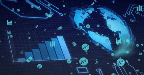 Futuristic Digital Globe with Data Charts and UI Elements