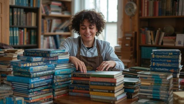 Smiling bookseller organizing vintage book stacks in sunlit cozy independent bookshop