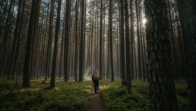 Male hiker walking through sunlit pine forest trail with backpack and trekking poles