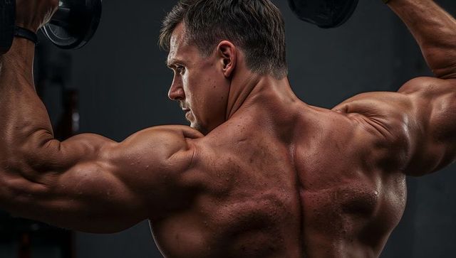 Muscular man lifting dumbbells showing defined back and shoulders during strength training