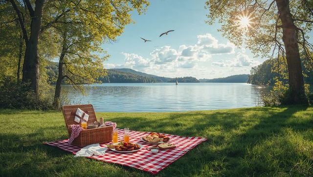 Sunlit Lakeshore Picnic with Red Gingham Blanket, Wicker Basket, Pastries and Juice