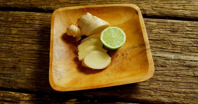 Close-up of sliced ginger and halved lime placed in a wooden bowl, with a backdrop of rustic wooden surface. Ideal for illustrating natural or organic food themes, health and wellness articles, or vegetarian and vegan recipes.