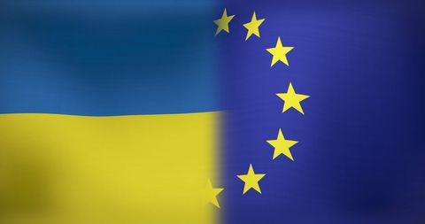 Ukraine and EU Flags Blending Together in Motion