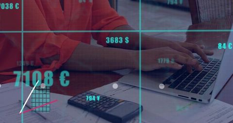 Working woman typing on laptop with calculator and currency data overlays for finance