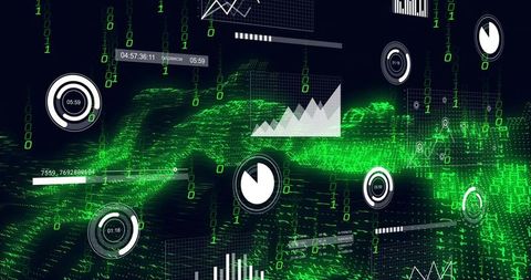 Neon Green Cyberpunk Data Waveform Dashboard Visualizing Binary Analytics and HUD Metrics