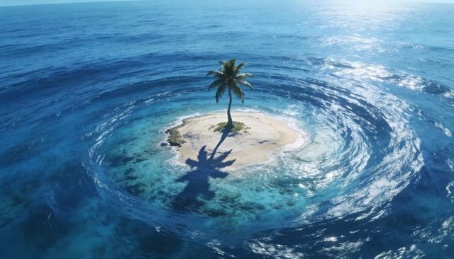 Solitary palm island surrounded by swirling ocean current over turquoise reef