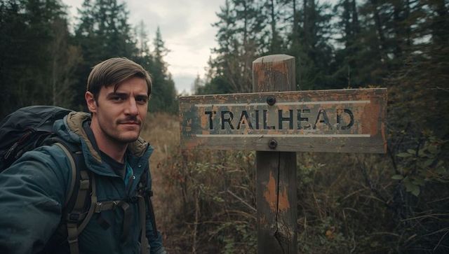 Male hiker taking selfie at trailhead with backpack and jacket in moody overcast forest
