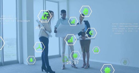 Team Reviewing Architectural Plans with Data Overlays and Sustainability Analytics