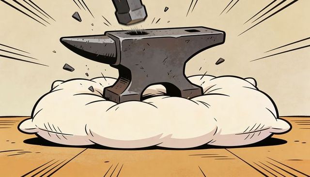 Anvil landing on cushioned surface with hammer strike, comic style metalwork action