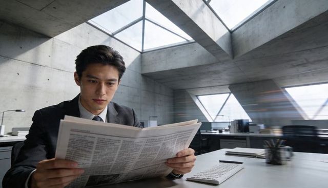 Asian businessman reading broadsheet in modern minimalist office with geometric skylights