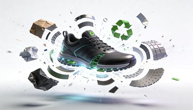 Futuristic eco sneaker floating with neon midsole and recycle icon