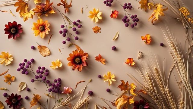 Autumn elements in rustic flat lay with botanical flair