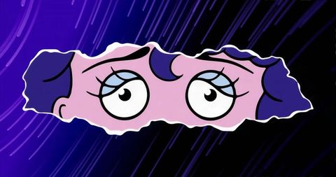 Peeking retro cartoon eyes tearing through vivid purple gradient backdrop