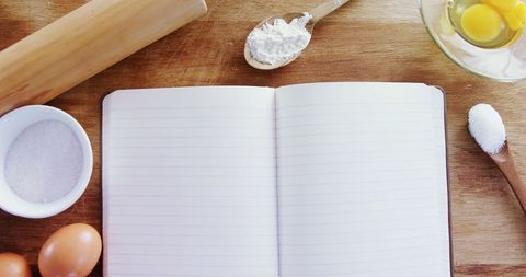 Blank Recipe Book with Baking Ingredients on Wooden Surface - Download Free Stock Images Pikwizard.com