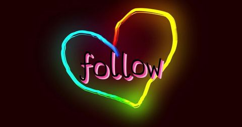 Neon Heart Follow Sign Glowing Multicolor on Dark Background for Social Media