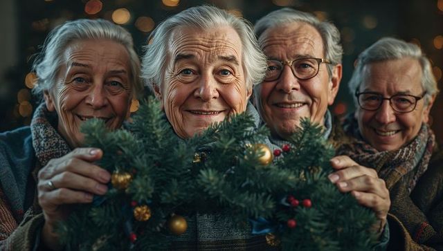 Joyful Senior Friends Celebrating Christmas with Festive Wreath and Lights