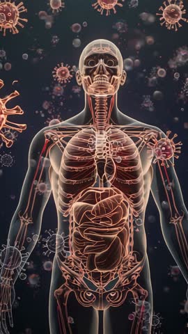 Vertical medical animation tilting upward across transparent human anatomy with virus particles