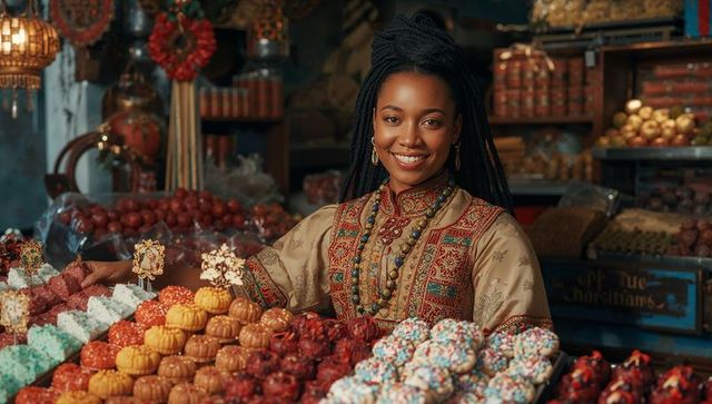Smiling Vendor Showcasing Handcrafted Sweets at Bazaar Stall