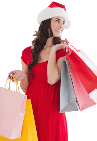 Woman in santa hat carrying shopping bags on transparent background