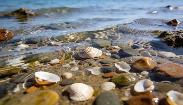 Shallow shore scallop shells and pebbles with sunlit ripples and algae detail