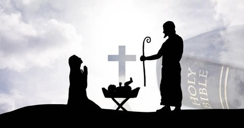 Silhouette Nativity Scene with Cross and Bible Cloud Background