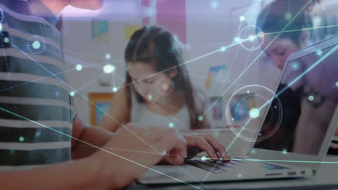 Students Using Technology in Classroom with Digital Network Overlay