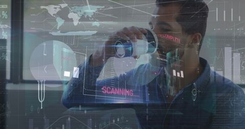 Businessman Analyzing Digital Data Visualization Futuristic Overlay