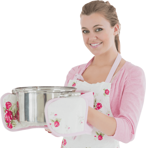 joyful woman wearing floral apron holding silver pot transparent background - Download Free Stock Videos Pikwizard.com