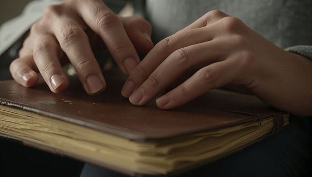 Resting adult female hands touching worn leather journal with yellowed pages and strap