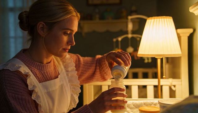 Mother preparing baby bottle at night in cozy nursery with warm lamp glow