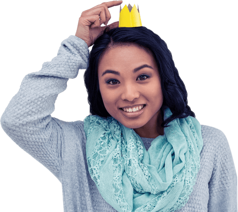 Transparent Woman with Paper Crown Smiling Playfully